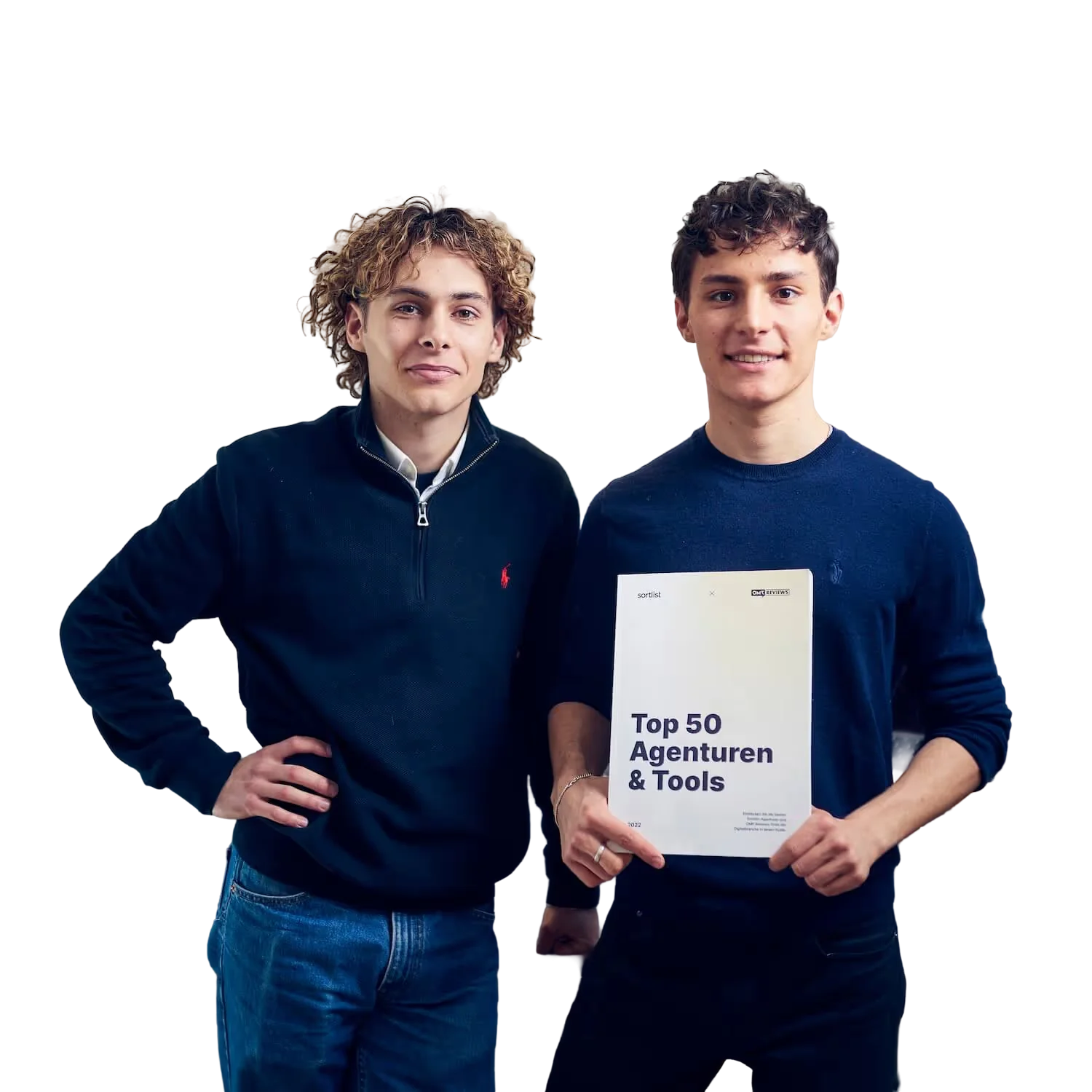 Die beiden Gründer von THEFABERS mit dem OMR Guide „Top 50 Agenturen & Tools“
